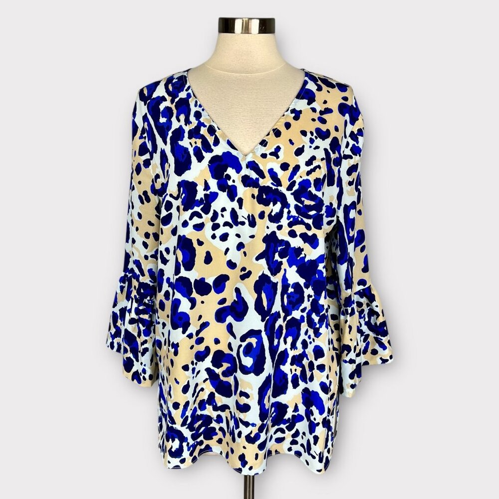 JB Julie Brown Womens Leopard Print Tunic Top Blue Tan Bell Sleeve size 12